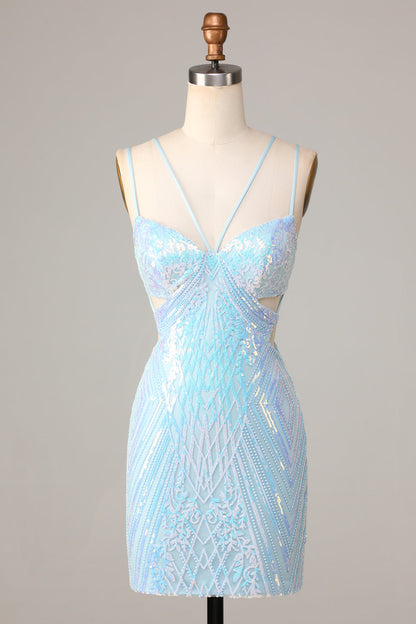 So Stunning Bodycon Spaghetti Straps Blue Sequins Short Homecoming Dress