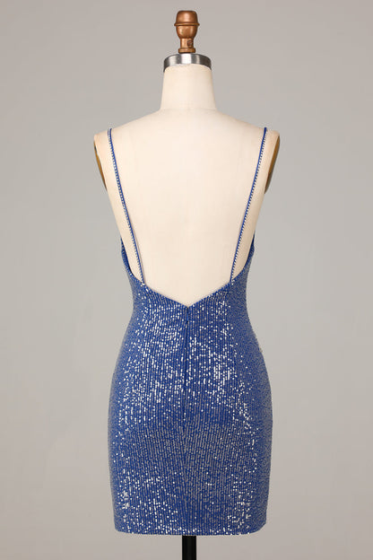 Sparkly Sheath Spaghetti Straps Dark Blue Short Homecoming Dress with Embroidery