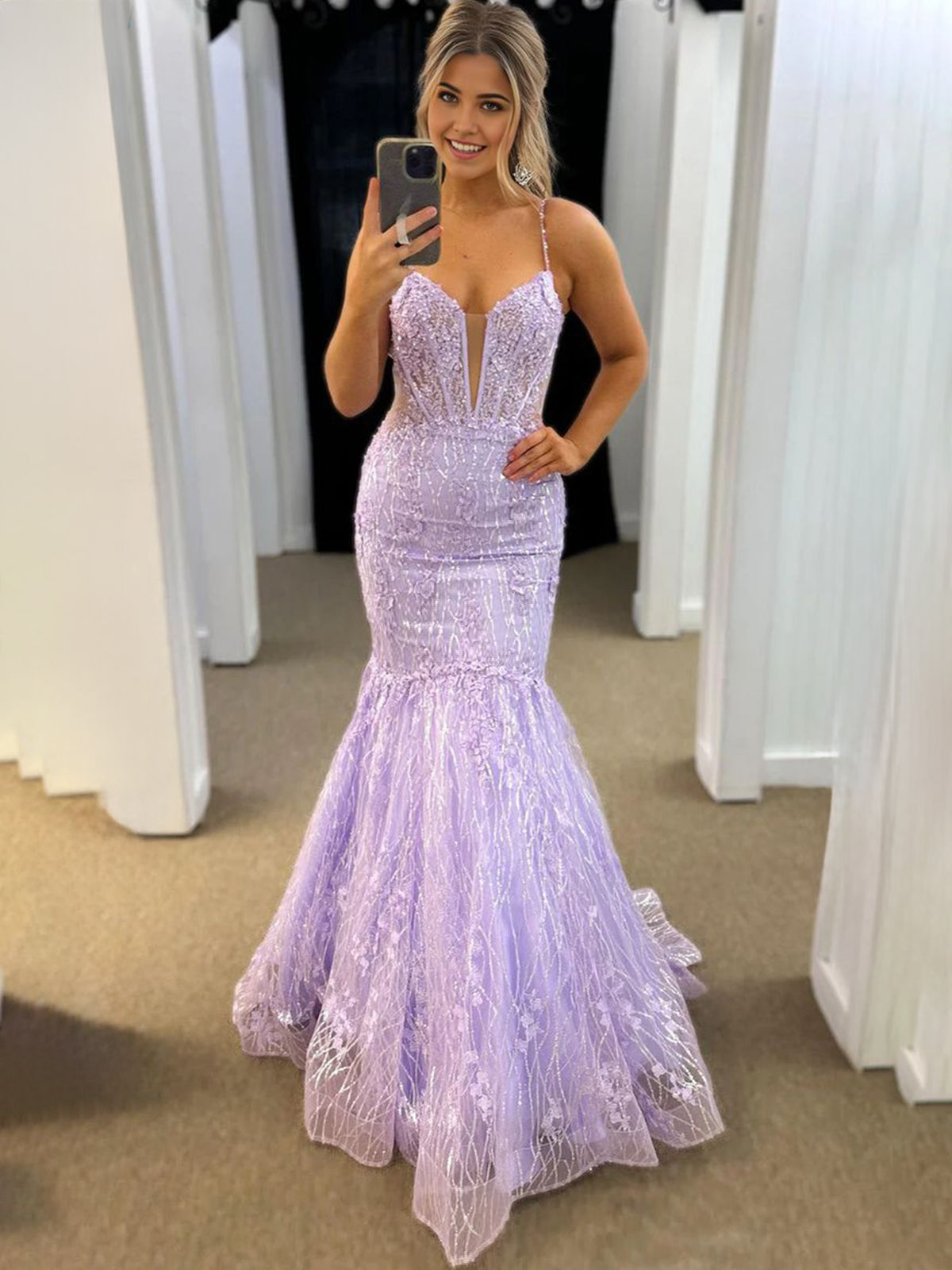 Jennon | Mermaid V Neck Lavender Lace Tulle Long Prom Dresses