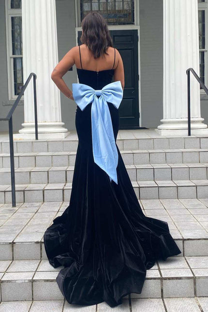 Jesai | Elegant Mermaid V-Neck Spaghetti Straps Velvet Formal Prom Dress with Bow