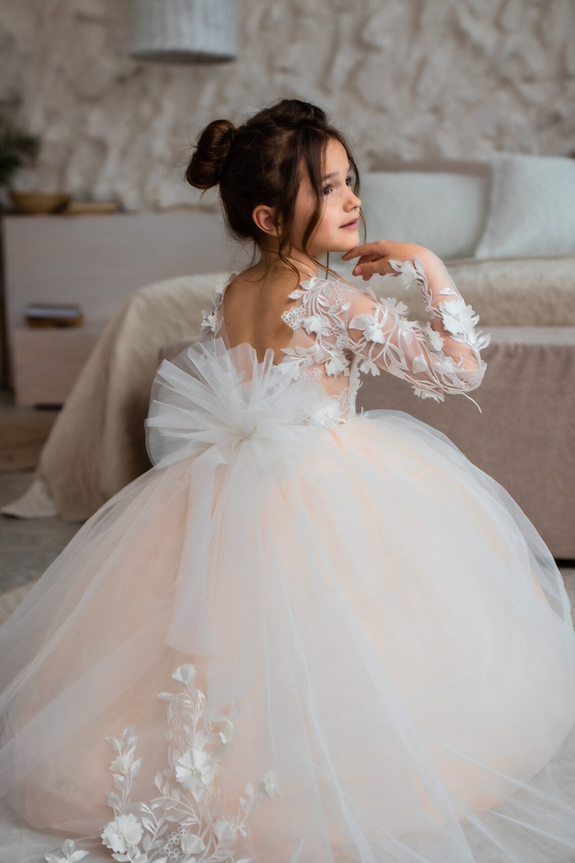 Jewel Long Sleeve Ball Gown Backless Lace Applique Bowknot Flower Girl Dress