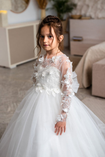 Jewel Long Sleeve Ball Gown Backless Lace Applique Bowknot Flower Girl Dress