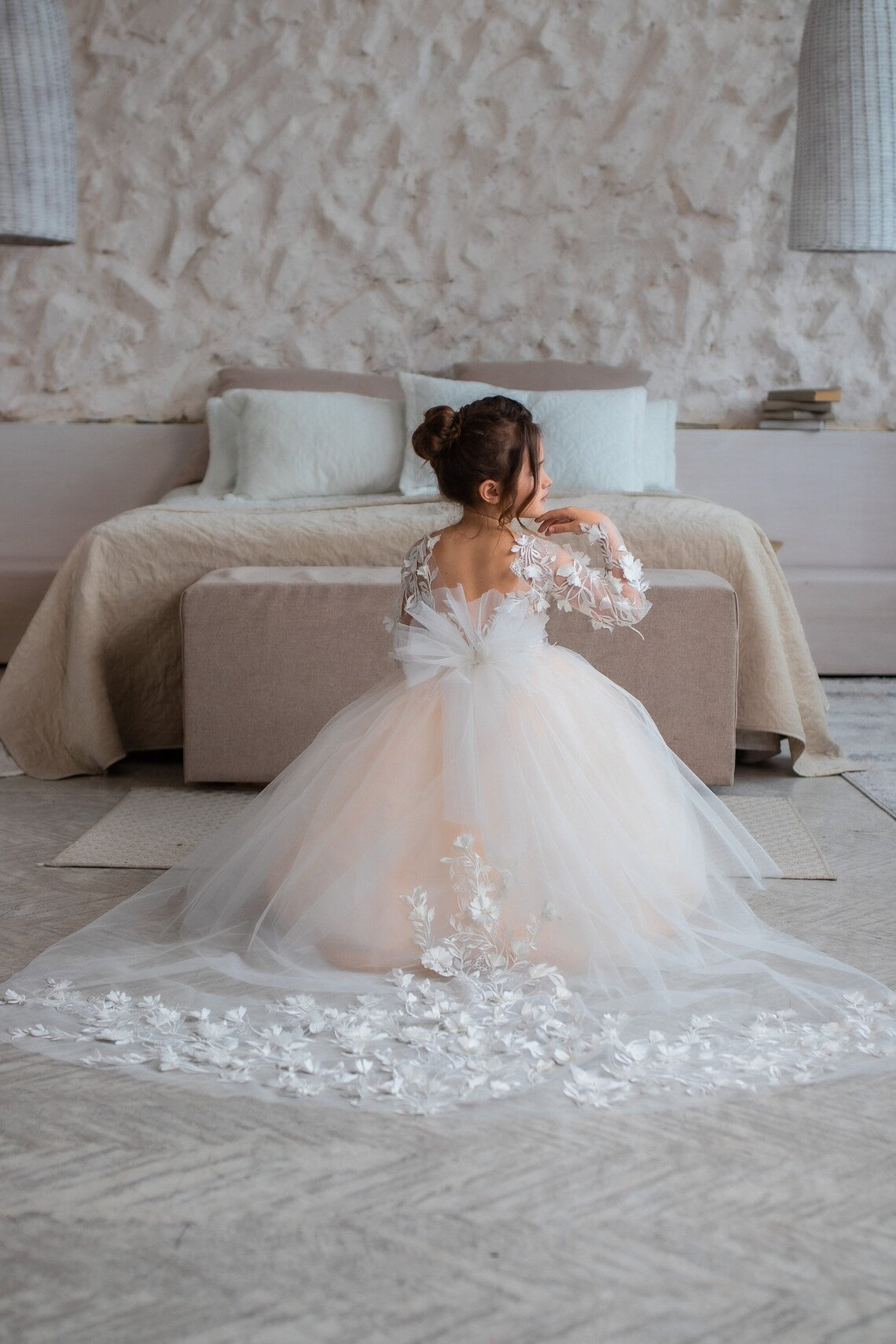 Jewel Long Sleeve Ball Gown Backless Lace Applique Bowknot Flower Girl Dress