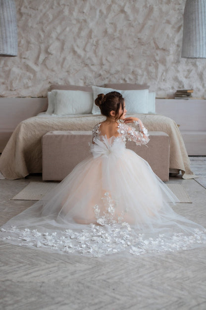 Jewel Long Sleeve Ball Gown Backless Lace Applique Bowknot Flower Girl Dress