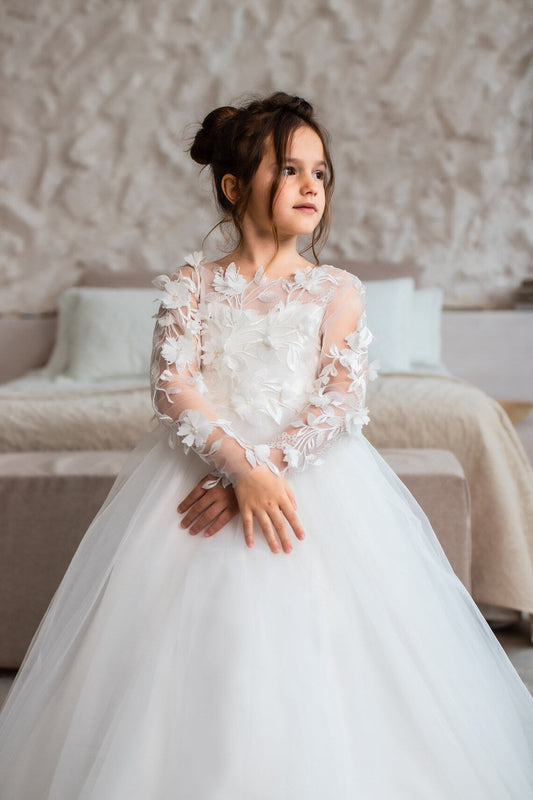 Jewel Long Sleeve Ball Gown Backless Lace Applique Bowknot Flower Girl Dress