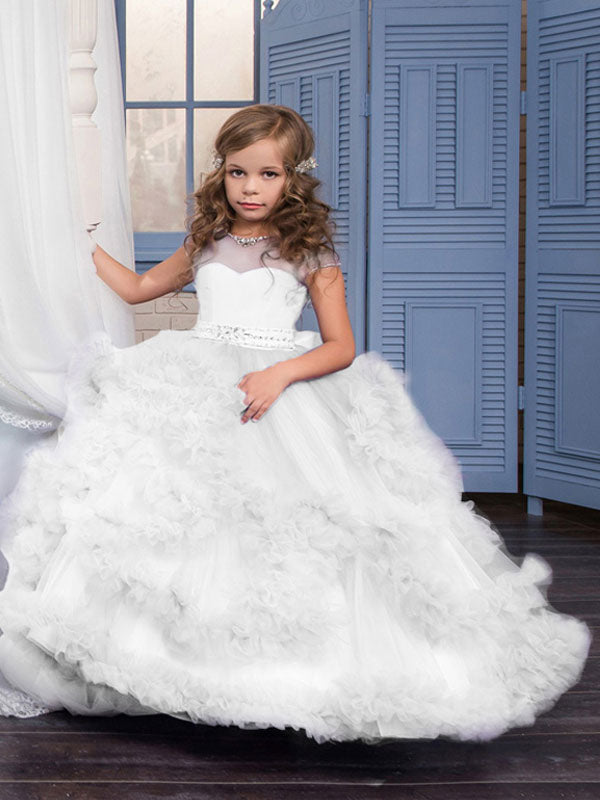 Jewel Neck Short Sleeves Rhinestones Kids Pageant flower girl dresses