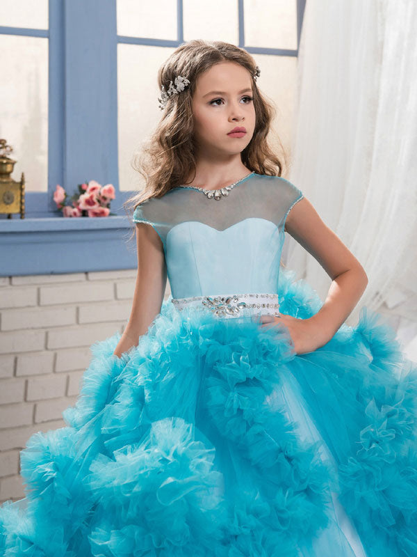 Jewel Neck Short Sleeves Rhinestones Kids Pageant flower girl dresses