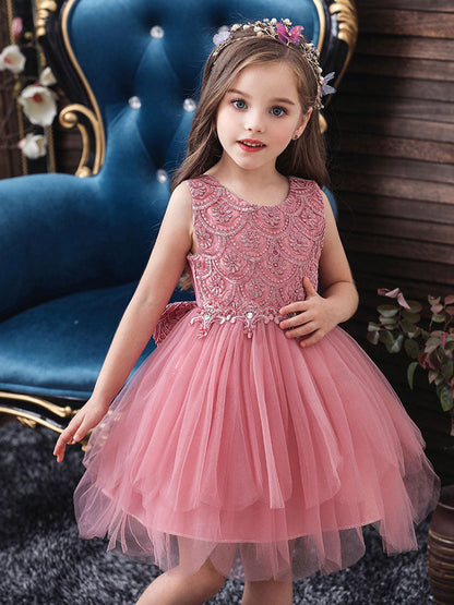 Jewel Neck Sleeveless Bows Formal Kids Pageant flower girl dresses