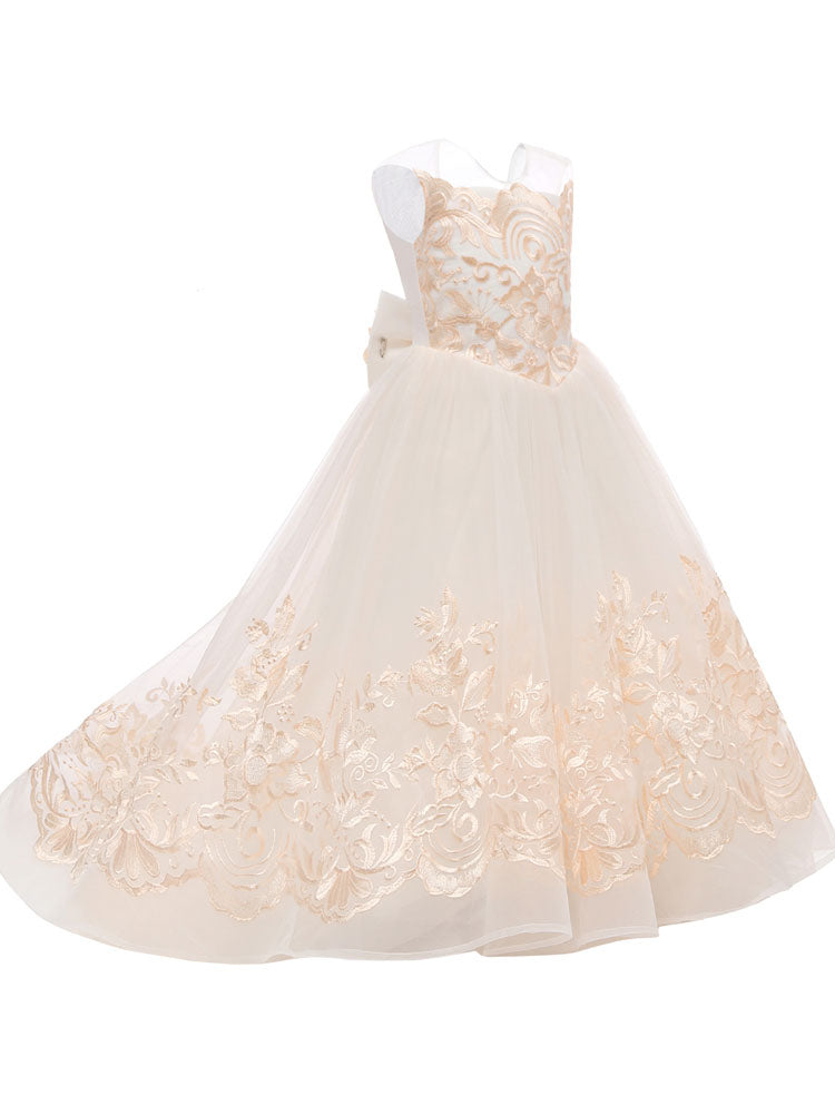 Jewel Neck Sleeveless Bows Kids Social flower girl dress