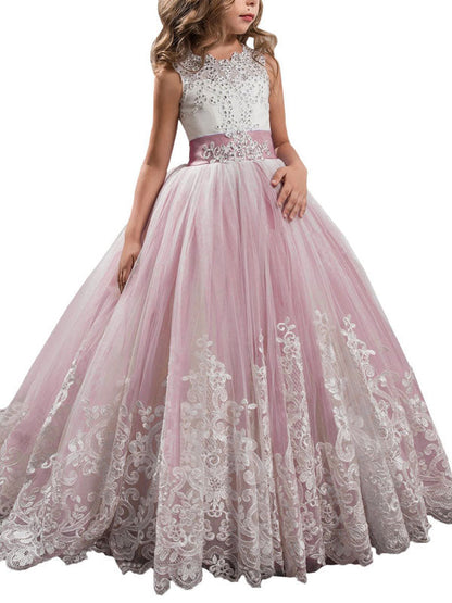 Jewel Neck Sleeveless Studded Formal flower girl dress