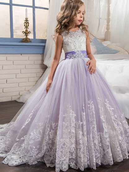 Jewel Neck Sleeveless Studded Formal flower girl dress