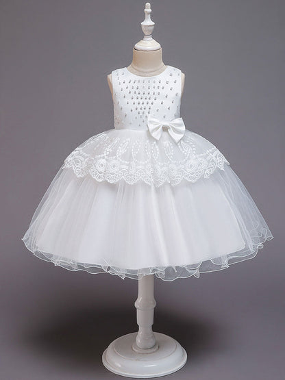 Jewel Neck Tulle Sleeveless Short Princess Bows Formal Kids Pageant flower girl dresses