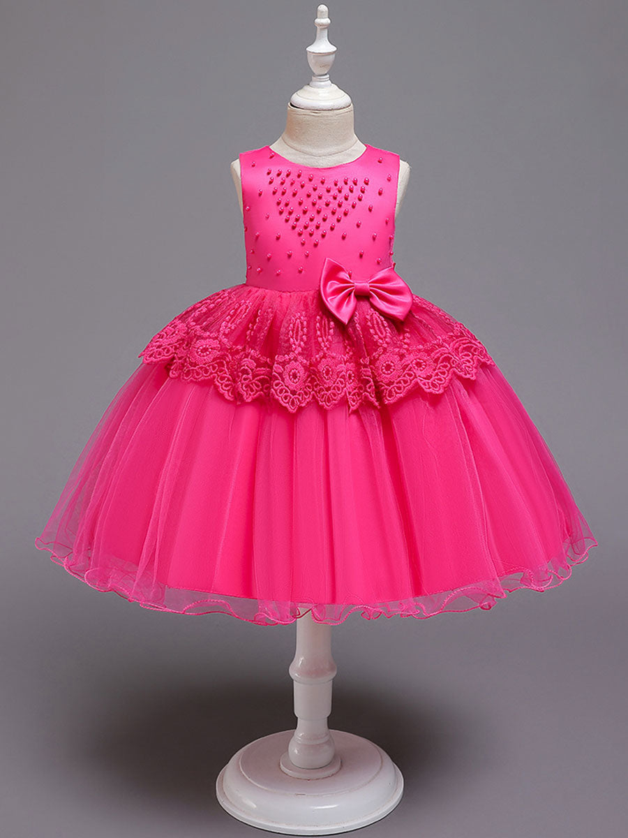 Jewel Neck Tulle Sleeveless Short Princess Bows Formal Kids Pageant flower girl dresses