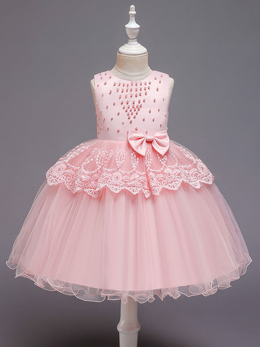 Jewel Neck Tulle Sleeveless Short Princess Bows Formal Kids Pageant flower girl dresses