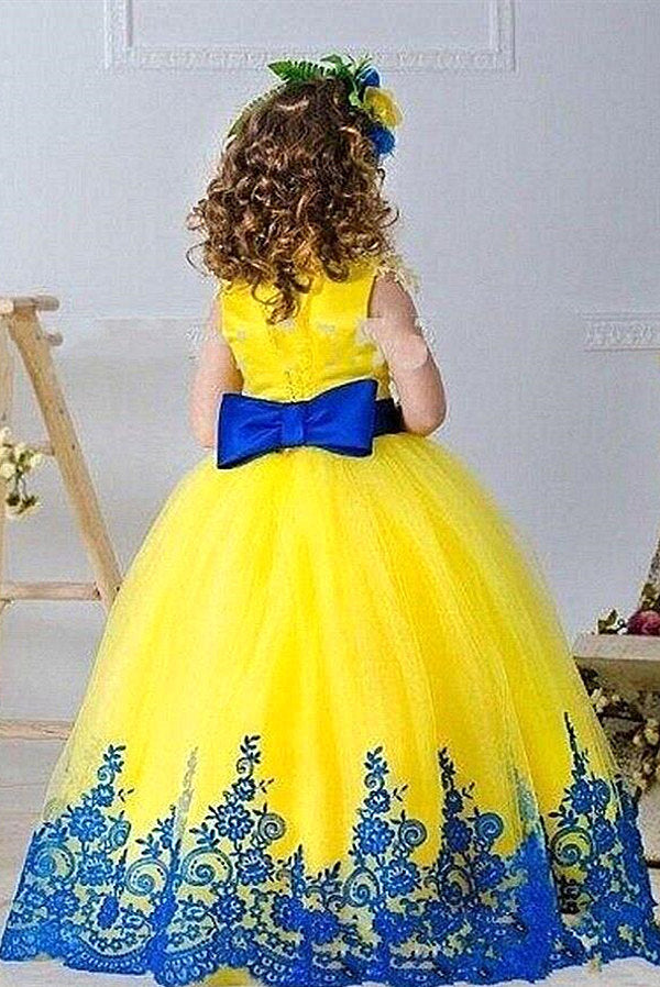 Jewel Sleeveless Ball Gown Lace Applique Bowknot Flower Girl Dress