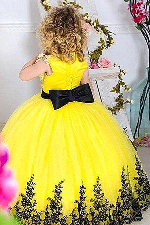 Jewel Sleeveless Ball Gown Lace Applique Bowknot Flower Girl Dress