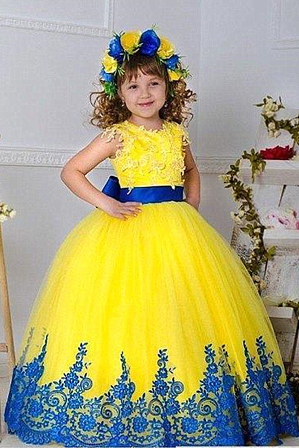 Jewel Sleeveless Ball Gown Lace Applique Bowknot Flower Girl Dress