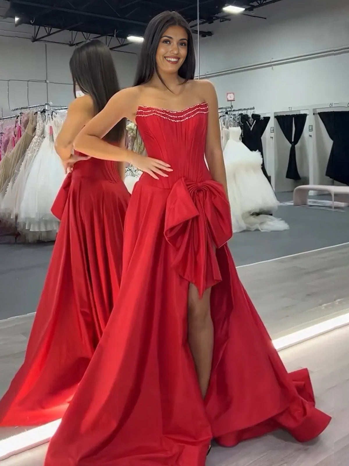 Jhenee | Trendy Red Strapless A-Line Satin Long Corset Prom Dress with Bow