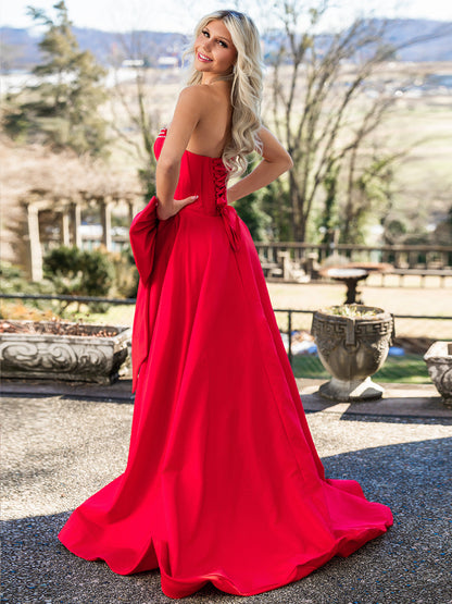 Jhenee | Trendy Red Strapless A-Line Satin Long Corset Prom Dress with Bow