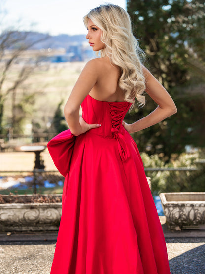 Jhenee | Trendy Red Strapless A-Line Satin Long Corset Prom Dress with Bow