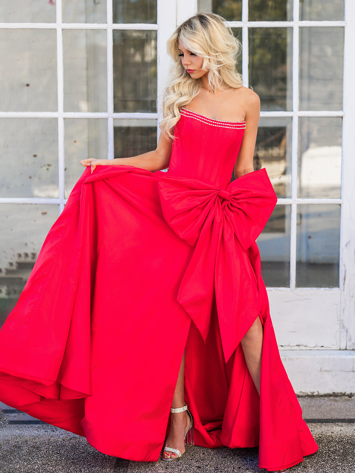 Jhenee | Trendy Red Strapless A-Line Satin Long Corset Prom Dress with Bow