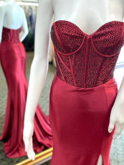 Joanni | Burgundy Beaded Sweetheart Mermaid Long Prom Dress