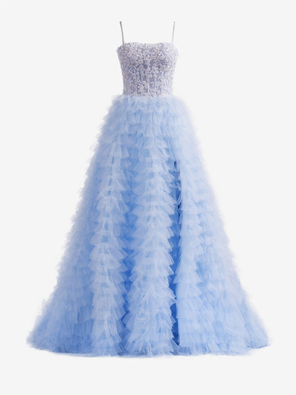 Jordan | Sky Blue A-Line Tiered Sequins Tulle Long Prom Dress