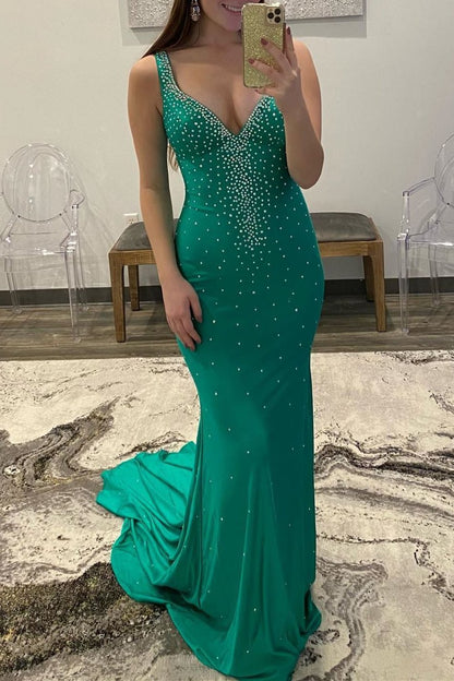 Elle |Mermaid V-Neck Beaded Satin Prom Dress with Cross Back