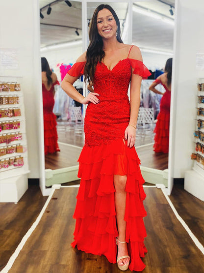 Kalel | Mermaid Cold Sleeves Red Lace Ruffle Prom Dress