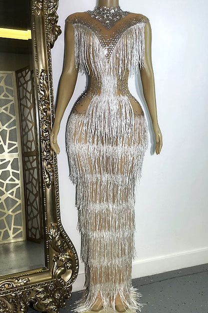 Kally Nude Diamante Tassel Dress