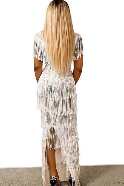 Kally White Tassel Diamante Evening Dress(Ready To Ship)