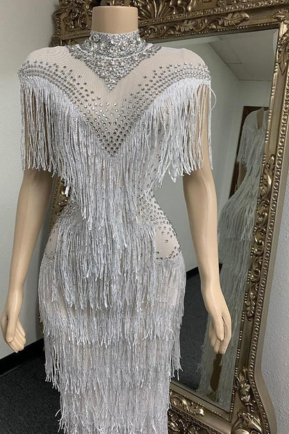 Kally White Tassel Diamante Evening Dress(Ready To Ship)