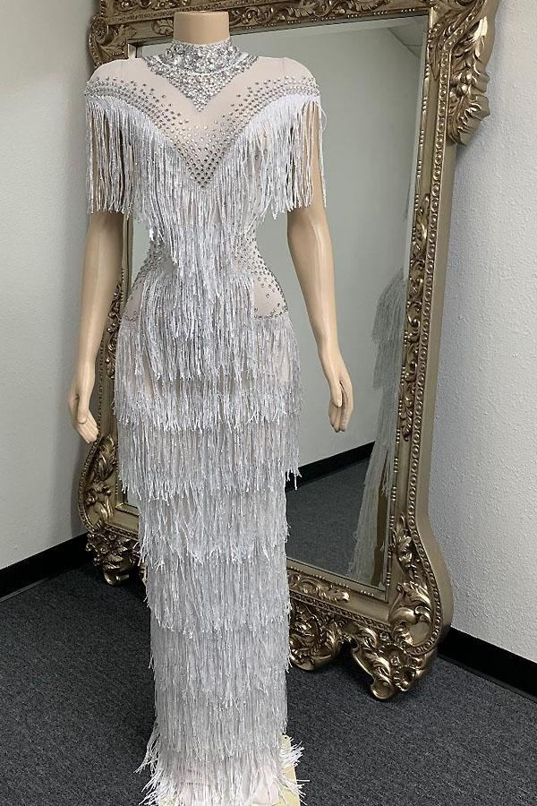 Kally White Tassel Diamante Evening Dress(Ready To Ship)