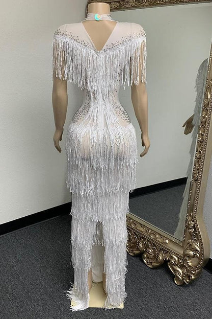 Kally White Tassel Diamante Evening Dress(Ready To Ship)