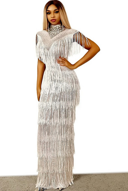 Kally White Tassel Diamante Evening Dress(Ready To Ship)