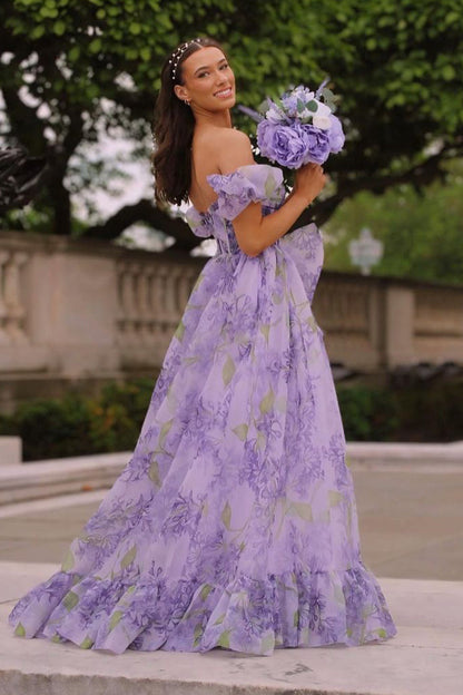 Kay | Strapless A-Line Floral Prom Dress With Detachable Sleeves