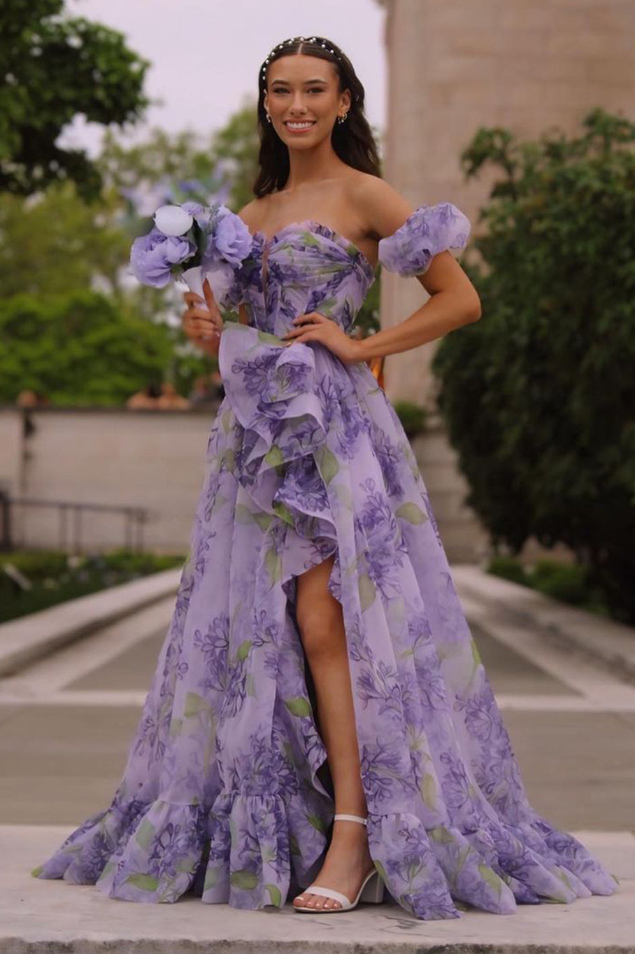 Kay | Strapless A-Line Floral Prom Dress With Detachable Sleeves