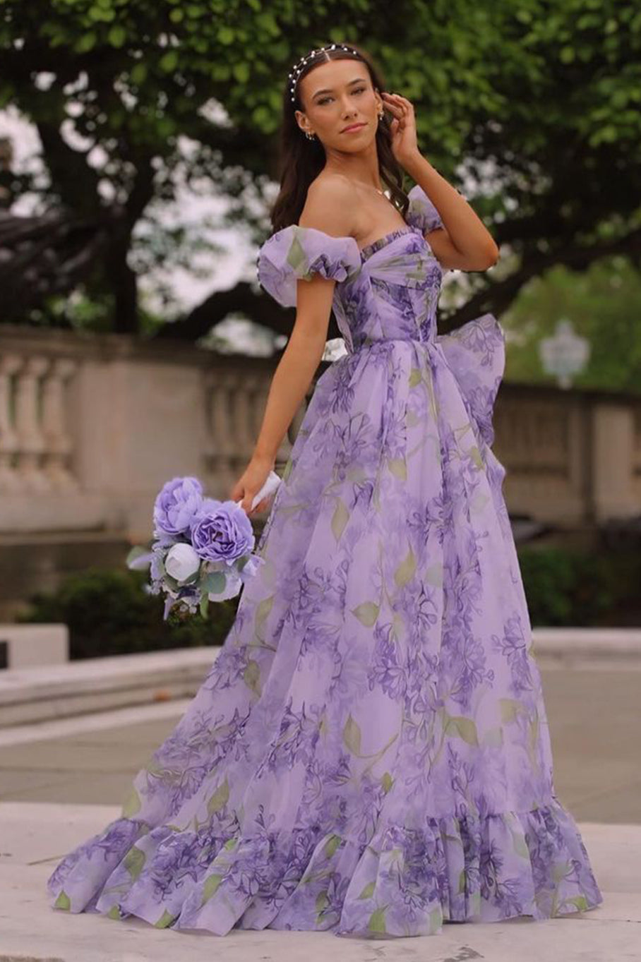 Kay | Strapless A-Line Floral Prom Dress With Detachable Sleeves