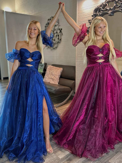 Keilani | Royal Blue Strapless Keyhole Balloon Sleeves Long Prom Dress