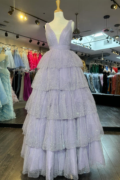 Khloe | Lavender Tulle Sequin V-Neck Ruffle Tiered Long Prom Dress