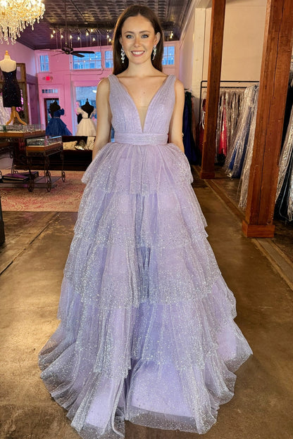 Khloe | Lavender Tulle Sequin V-Neck Ruffle Tiered Long Prom Dress