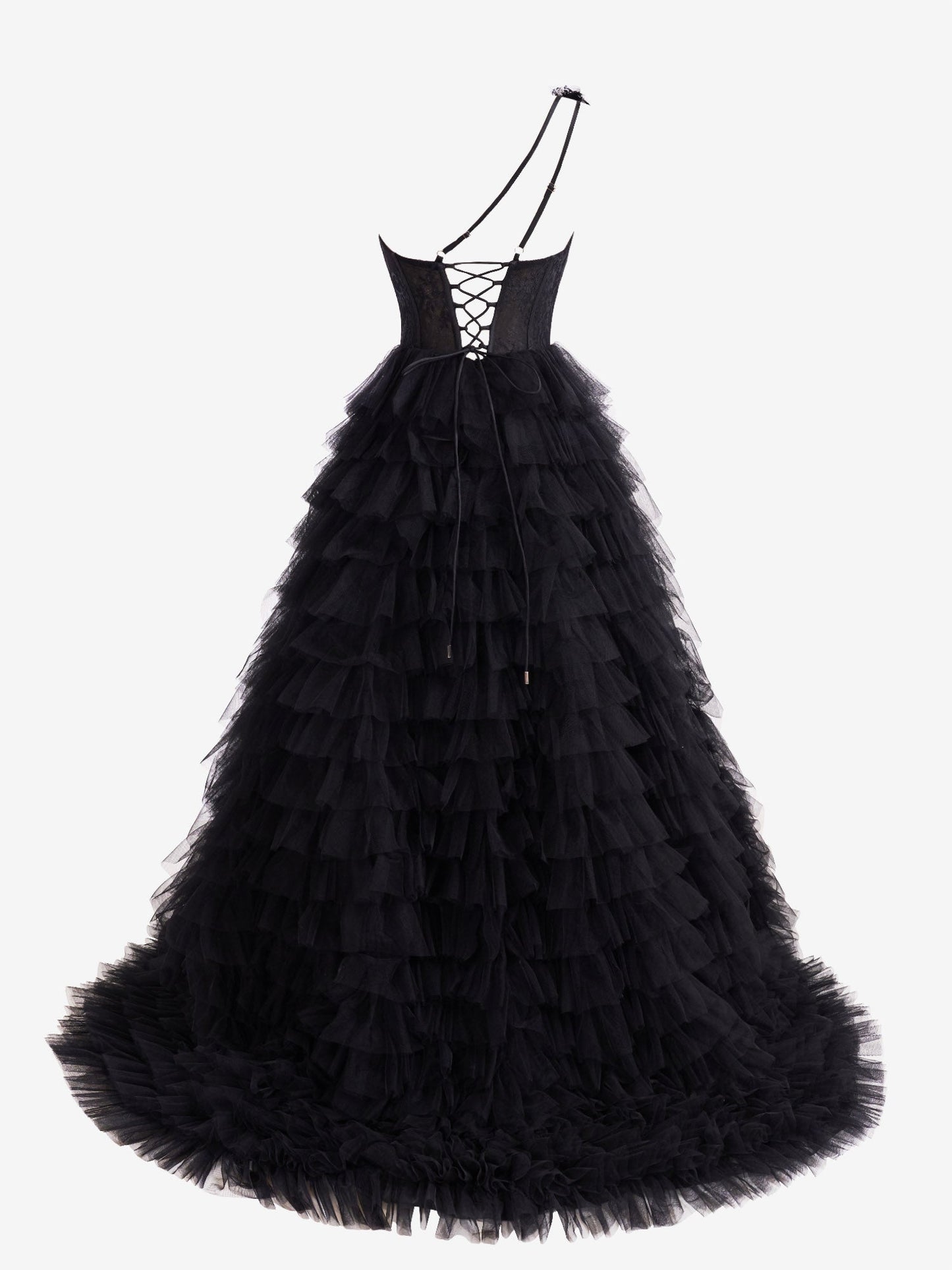 Kinsley | Black A Line One Shoulder Tiered Long Prom Dress