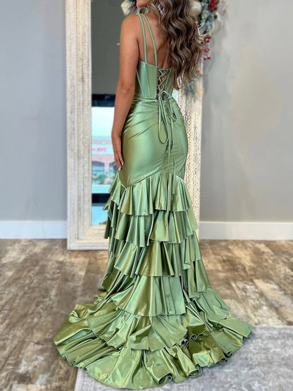 Kiran | Mermaid Sage V Neck Satin Long Prom Dress With Ruffle Skirt