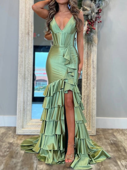 Kiran | Mermaid Sage V Neck Satin Long Prom Dress With Ruffle Skirt