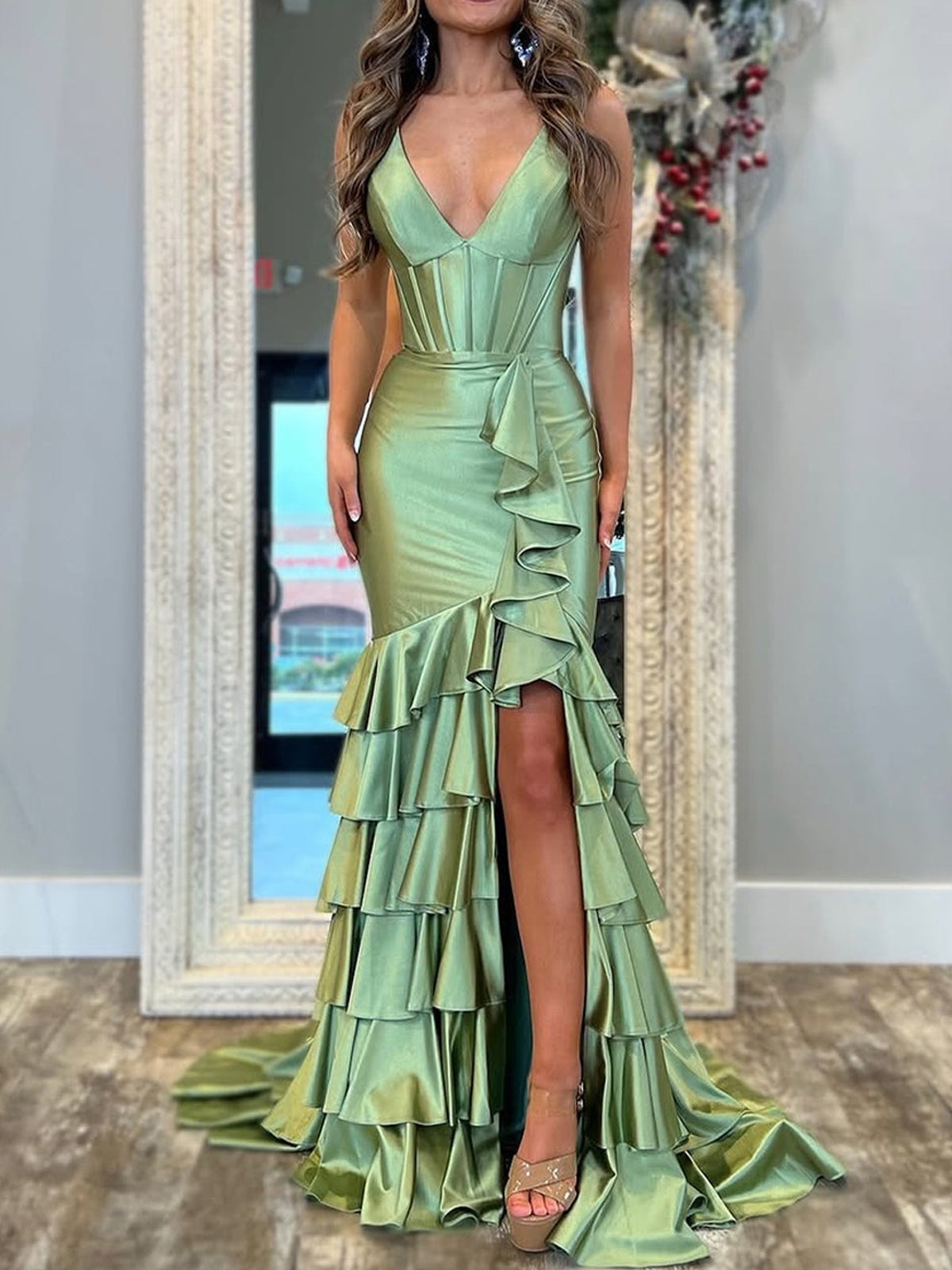 Kiran | Mermaid Sage V Neck Satin Long Prom Dress With Ruffle Skirt