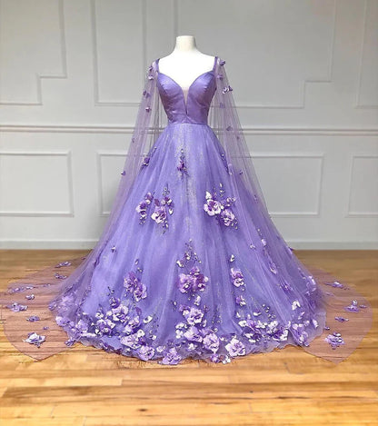 Lilac A-Line Tulle 3D Floral Prom Dresses