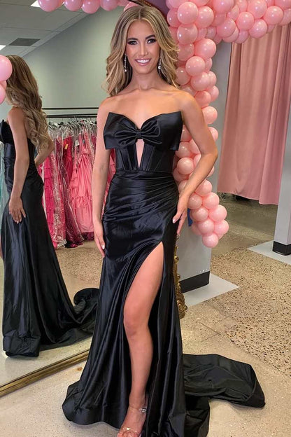 Konrad | Mermaid V-Neck Bow Satin Pleated Slit Long Prom Dresses