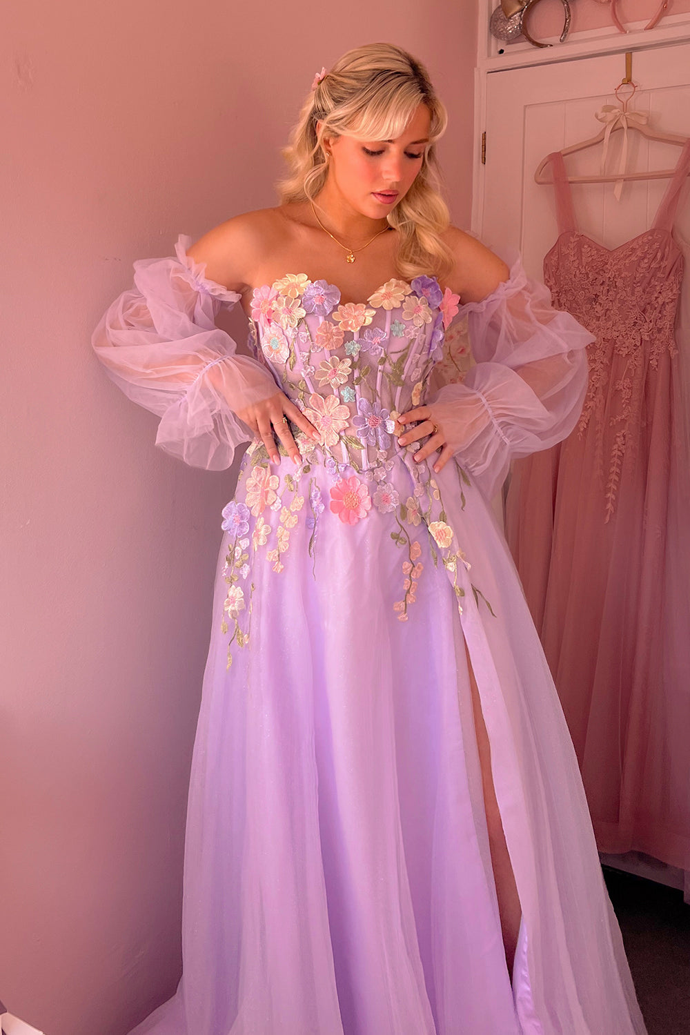 Kylena | Lavender A-Line Strapless Tulle Prom Dress with 3D Flowers