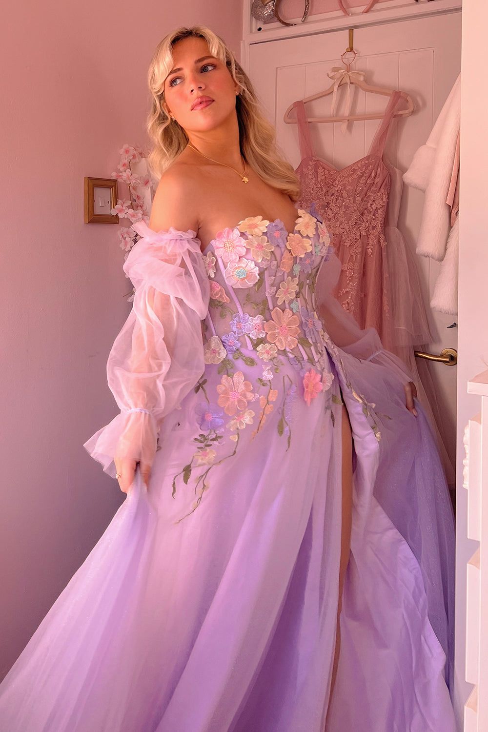 Kylena | Lavender A-Line Strapless Tulle Prom Dress with 3D Flowers