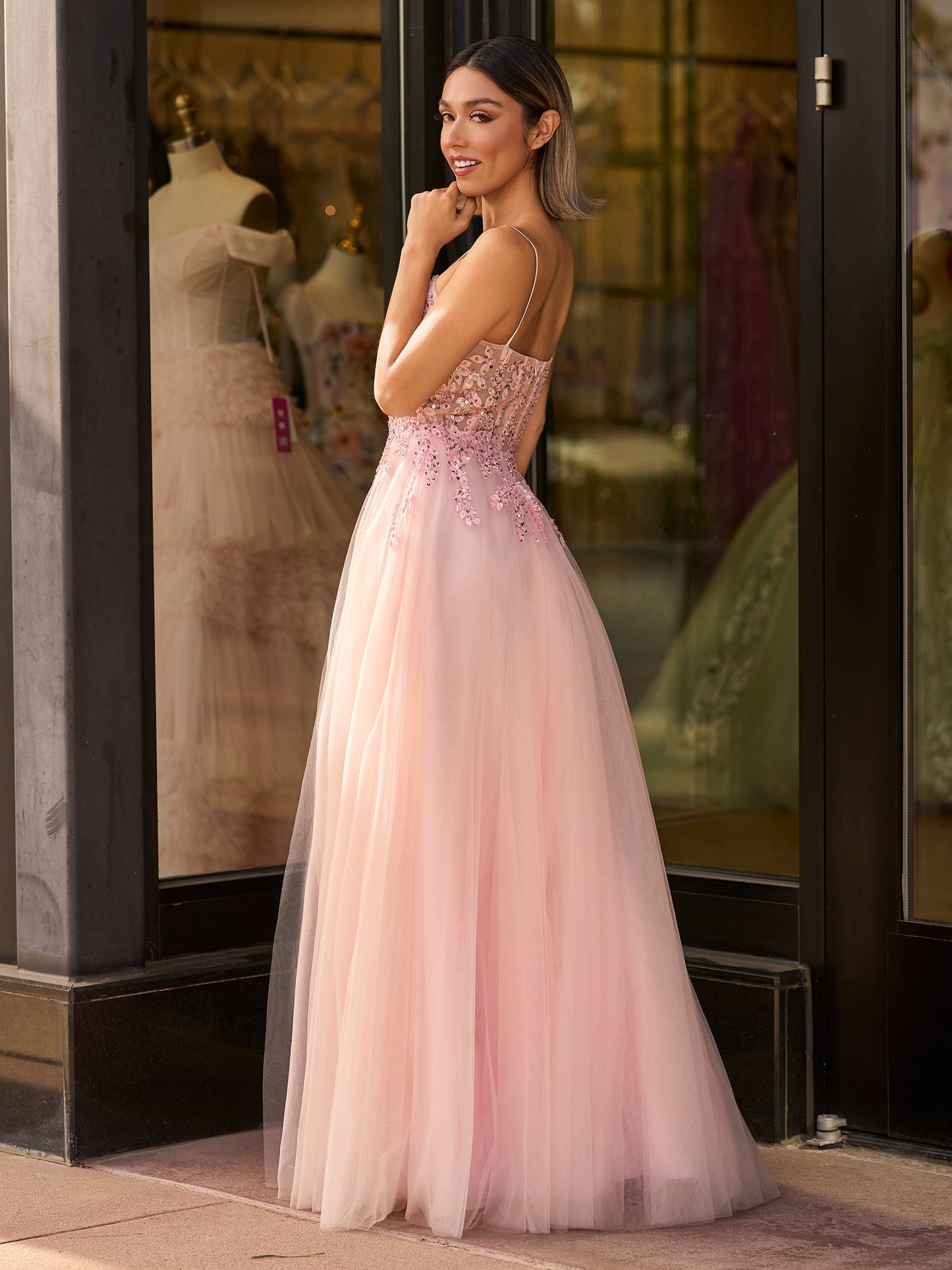 A line Spaghetti Straps Lace Floor Length Tulle Prom Dress with Slit